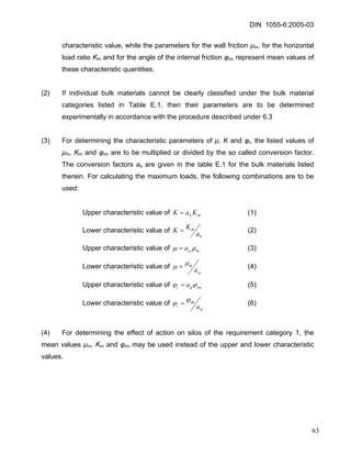 DIN 1055-6:2005-03 
characteristic value, while the parameters for the wall friction μm, for the horizontal load ratio Km and for the angle of the internal friction φim represent mean values of these characteristic quantities. 
(2) If individual bulk materials cannot be clearly classified under the bulk material categories listed in Table E.1, then their parameters are to be determined experimentally in accordance with the procedure described under 6.3 
(3) For determining the characteristic parameters of μ, K and φi, the listed values of μm, Km and φim are to be multiplied or divided by the so called conversion factor. The conversion factors ax are given in the table E.1 for the bulk materials listed therein. For calculating the maximum loads, the following combinations are to be used: 
Upper characteristic value of mkKaK= (1) 
Lower characteristic value of kmaKK= (2) 
Upper characteristic value of maμμμ= (3) 
Lower characteristic value of μμμam= (4) 
Upper characteristic value of imiaϕϕϕ= (5) 
Lower characteristic value of ϕϕϕaimi= (6) 
(4) For determining the effect of action on silos of the requirement category 1, the mean values μm, Km and φim may be used instead of the upper and lower characteristic values. 
63 
 
