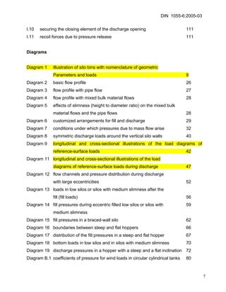 DIN 1055-6:2005-03 
I.10 securing the closing element of the discharge opening 111 
I.11 recoil forces due to pressure release 111 
Diagrams 
Diagram 1 illustration of silo bins with nomenclature of geometric 
Parameters and loads 9 
Diagram 2 basic flow profile 26 
Diagram 3 flow profile with pipe flow 27 
Diagram 4 flow profile with mixed bulk material flows 28 
Diagram 5 effects of slimness (height to diameter ratio) on the mixed bulk 
material flows and the pipe flows 28 
Diagram 6 customized arrangements for fill and discharge 29 
Diagram 7 conditions under which pressures due to mass flow arise 32 
Diagram 8 symmetric discharge loads around the vertical silo walls 40 
Diagram 9 longitudinal and cross-sectional illustrations of the load diagrams of reference-surface loads 42 
Diagram 11 longitudinal and cross-sectional illustrations of the load 
diagrams of reference-surface loads during discharge 47 
Diagram 12 flow channels and pressure distribution during discharge 
with large eccentricities 52 
Diagram 13 loads in low silos or silos with medium slimness after the 
fill (fill loads) 56 
Diagram 14 fill pressures during eccentric filled low silos or silos with 59 
medium slimness 
Diagram 15 fill pressures in a braced-wall silo 62 
Diagram 16 boundaries between steep and flat hoppers 66 
Diagram 17 distribution of the fill pressures in a steep and flat hopper 67 
Diagram 18 bottom loads in low silos and in silos with medium slimness 70 
Diagram 19 discharge pressures in a hopper with a steep and a flat inclination 72 
Diagram B.1 coefficients of pressure for wind loads in circular cylindrical tanks 80 
7 
 