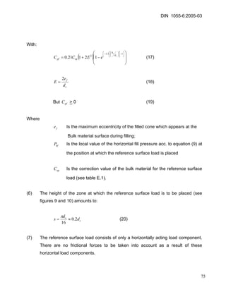 DIN 1055-6:2005-03 
With: 
()⎟⎟ ⎠ ⎞ ⎜⎜ ⎝ ⎛ −+= ⎟⎠ ⎞ ⎜⎝ ⎛−⎥⎦ ⎤ ⎢⎣ ⎡ ⎟⎠⎞ ⎜⎝⎛ −15.1212121.0ccdhoppfeECC (17) 
cfdeE2= (18) 
But pfC> 0 (19) 
Where 
fe Is the maximum eccentricity of the filled cone which appears at the 
Bulk material surface during filling; 
hfP Is the local value of the horizontal fill pressure acc. to equation (9) at the position at which the reference surface load is placed 
opC Is the correction value of the bulk material for the reference surface load (see table E.1). 
(6) The height of the zone at which the reference surface load is to be placed (see figures 9 and 10) amounts to: 
ccdds2.016≈= π (20) 
(7) The reference surface load consists of only a horizontally acting load component. There are no frictional forces to be taken into account as a result of these horizontal load components. 
75 
 