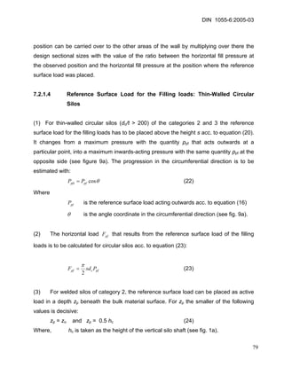 DIN 1055-6:2005-03 
position can be carried over to the other areas of the wall by multiplying over there the design sectional sizes with the value of the ratio between the horizontal fill pressure at the observed position and the horizontal fill pressure at the position where the reference surface load was placed. 
7.2.1.4 Reference Surface Load for the Filling loads: Thin-Walled Circular Silos 
(1) For thin-walled circular silos (dc/t > 200) of the categories 2 and 3 the reference surface load for the filling loads has to be placed above the height s acc. to equation (20). It changes from a maximum pressure with the quantity ppf that acts outwards at a particular point, into a maximum inwards-acting pressure with the same quantity ppf at the opposite side (see figure 9a). The progression in the circumferential direction is to be estimated with: 
θcospfpfsPP= (22) 
Where 
is the reference surface load acting outwards acc. to equation (16) pfP 
θ is the angle coordinate in the circumferential direction (see fig. 9a). 
(2) The horizontal load that results from the reference surface load of the filling loads is to be calculated for circular silos acc. to equation (23): pfF 
pfcpfPsdF2 π = (23) 
(3) For welded silos of category 2, the reference surface load can be placed as active load in a depth zp beneath the bulk material surface. For zp the smaller of the following values is decisive: 
zp = zo and zp = 0.5 hc (24) 
Where, hc is taken as the height of the vertical silo shaft (see fig. 1a). 
79 
 