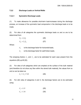DIN 1055-6:2005-03 
7.2.2 Discharge Loads on Vertical Walls 
7.2.2.1 Symmetric Discharge Loads 
(1) To make allowance for possible short-term load-increases during the discharge process, an increase of the symmetric load components in the discharge loads is to be made. 
(2) For silos of all categories the symmetric discharge loads xx and xx are to be determined from: 
(26) hfhhePCP= 
(27) wfwwePCP= 
Where 
is the discharge factor for horizontal loads; hC 
is the discharge factor for wall friction loads; wC 
The emptying factors and are to be estimated for each case present from the equations (28) up till (32). hCwC 
(3) For silos of all categories which are emptied at the surface of the bulk material (and therefore do not show any flow within the stored bulk material), the values from xx and xx can be taken as 
= = 1.0 (28) hCwC 
(4) For slim silos of categories 2 and 3, the discharge factors are to be estimated using: 
(29) 15.1=hC 
10.1=wC (30) 81 
 