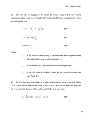 DIN 1055-6:2005-03 
(5) For slim silos of category 1, for which the mean values of the bulk material parameters Kand μare used for load determination, the following values are to be taken as discharge factors: 
opchCdeC⎟⎠⎞ ⎜⎝⎛ ++=4.015.115.1 (31) 
⎟⎠⎞ ⎜⎝⎛ += cwdeC4.014.1 (32) 
()ofeee,max= (33) 
Where 
fe is the maximum eccentricity of the filled cone which appears during filling at the bulk material surface (see fig 1b); 
oe is the eccentricity of the midpoint of the discharge outlet; 
opC is the bulk material correction value for the reference surface load (see Table E.1) 
(6) For the discharge type load the resultant characteristic value of the wall friction loads which have been added-up up to the depth z – with the force per unit length for the circumferential direction of the wall, e.g. [kN/m] – is derived from: weP 
(34) ()()[∫−== zjohowwewezYzzPCdzzpp0 μ ] 
82 
 