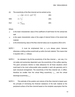DIN 1055-6:2005-03 
(4) The eccentricity of the flow channel can be worked out by: 
()(){}GGrec−−+−=111ηη (62) 
With rrGc= (63) 
And iϕ μηtan= (64) 
Where 
μ is the lower characteristic value of the coefficient of wall friction for the vertical silo wall 
iϕ is the upper characteristic value of the angle of internal friction of the stored bulk material 
cr is the dimensioning value of the flow channel radius acc to equations (59) to (61) 
NOTE 1 It must be emphasized that iwϕϕ≤is always given, because otherwise a sliding surface would build up within the bulk material. This means that in equation (64) 1≤ηalways. 
NOTE 2 As indicated in fig 5d the eccentricity of the flow channel can vary. It is not solely and exclusively dependant upon the eccentricity of the outflow opening. The given procedure intends to make allowance for all those situations which could lead to the most unfavourable ratios possible in each silo geometry and in each structural arrangement. The eccentricity of the flow channel can, in effect, therefore be smaller than the critical filling eccentricity and the critical discharge eccentricity. cecrcfe, crcoe, 
NOTE 3 This estimate of the position and volume of the flow channel is based upon the principle of minimizing the frictional resistance of the bulk material at the peripheral surface of the flow channel based on the simplistic assumption that the 
95 
 