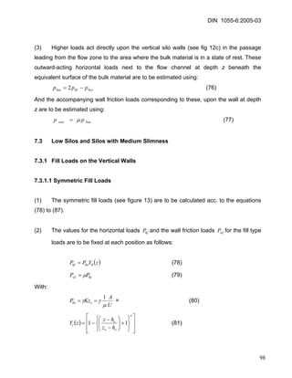 DIN 1055-6:2005-03 
(3) Higher loads act directly upon the vertical silo walls (see fig 12c) in the passage leading from the flow zone to the area where the bulk material is in a state of rest. These outward-acting horizontal loads next to the flow channel at depth z beneath the equivalent surface of the bulk material are to be estimated using: 
(76) hcehfhaeppp−=2 
And the accompanying wall friction loads corresponding to these, upon the wall at depth z are to be estimated using: 
haewaeppμ= (77) 
7.3 Low Silos and Silos with Medium Slimness 
7.3.1 Fill Loads on the Vertical Walls 
7.3.1.1 Symmetric Fill Loads 
(1) The symmetric fill loads (see figure 13) are to be calculated acc. to the equations (78) to (87). 
(2) The values for the horizontal loads and the wall friction loads for the fill type loads are to be fixed at each position as follows: hfPwfP 
(78) ()zYPPRhohf= 
hfwfPPμ= (79) 
With: 
UAKzPohoμγγ1== = (80) 
() ⎥⎥ ⎦ ⎤ ⎢⎢ ⎣ ⎡ ⎭⎬⎫ ⎩⎨⎧ +⎟⎟⎠ ⎞ ⎜⎜⎝ ⎛ − − −= nooorhzhzzY11 (81) 
98 
 