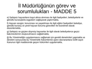 İl Müdürlüğünün görev ve
sorumlulukları - MADDE 5
e) Sahipsiz hayvanların kayıt altına alınması ile ilgili faaliyetleri, belediyelerle ve
gönüllü kuruluşlarla eşgüdüm sağlayarak yaptırmakla,
f) Hayvan sevgisi, korunması ve yaşatılması ile ilgili eğitici faaliyetleri belediye,
gönüllü kuruluş ve yerel hayvan koruma görevlileri ile koordineli olarak
düzenlemekle,
g) Sahipsiz ve güçten düşmüş hayvanlar ile ilgili olarak belediyelerce geçici
bakımevlerinin oluşturulmasını sağlatmakla,
ğ) Bu Yönetmeliğin uygulanmasını sağlamak için gerekli denetimleri yapmakla ve
denetim sonucunda bu Yönetmelik hükümlerine aykırı davrananlara 5199 sayılı
Kanunun ilgili maddesinde geçen hükümleri uygulamakla,
 