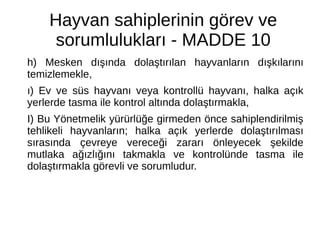 Hayvan sahiplerinin görev ve
sorumlulukları - MADDE 10
h) Mesken dışında dolaştırılan hayvanların dışkılarını
temizlemekle,
ı) Ev ve süs hayvanı veya kontrollü hayvanı, halka açık
yerlerde tasma ile kontrol altında dolaştırmakla,
I) Bu Yönetmelik yürürlüğe girmeden önce sahiplendirilmiş
tehlikeli hayvanların; halka açık yerlerde dolaştırılması
sırasında çevreye vereceği zararı önleyecek şekilde
mutlaka ağızlığını takmakla ve kontrolünde tasma ile
dolaştırmakla görevli ve sorumludur.
 