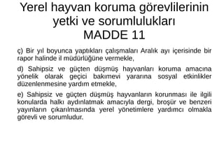 Yerel hayvan koruma görevlilerinin
yetki ve sorumlulukları
MADDE 11
ç) Bir yıl boyunca yaptıkları çalışmaları Aralık ayı içerisinde bir
rapor halinde il müdürlüğüne vermekle,
d) Sahipsiz ve güçten düşmüş hayvanları koruma amacına
yönelik olarak geçici bakımevi yararına sosyal etkinlikler
düzenlenmesine yardım etmekle,
e) Sahipsiz ve güçten düşmüş hayvanların korunması ile ilgili
konularda halkı aydınlatmak amacıyla dergi, broşür ve benzeri
yayınların çıkarılmasında yerel yönetimlere yardımcı olmakla
görevli ve sorumludur.
 