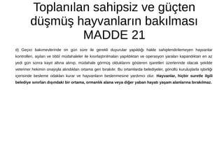 Toplanılan sahipsiz ve güçten
düşmüş hayvanların bakılması
MADDE 21
d) Geçici bakımevlerinde on gün süre ile gerekli duyurular yapıldığı halde sahiplendirilemeyen hayvanlar
kontrolleri, aşıları ve tıbbî müdahaleler ile kısırlaştırılmaları yapıldıktan ve operasyon yaraları kapandıktan en az
yedi gün sonra kayıt altına alınıp, müdahale görmüş olduklarını gösteren işaretleri üzerlerinde olacak şekilde
veteriner hekimin onayıyla alındıkları ortama geri bırakılır. Bu ortamlarda belediyeler, gönüllü kuruluşlarla işbirliği
içerisinde besleme odakları kurar ve hayvanların beslenmesine yardımcı olur. Hayvanlar, hiçbir suretle ilgili
belediye sınırları dışındaki bir ortama, ormanlık alana veya diğer yaban hayatı yaşam alanlarına bırakılmaz.
 