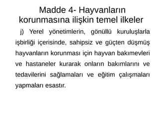 Madde 4- Hayvanların
korunmasına ilişkin temel ilkeler
j) Yerel yönetimlerin, gönüllü kuruluşlarla
işbirliği içerisinde, sahipsiz ve güçten düşmüş
hayvanların korunması için hayvan bakımevleri
ve hastaneler kurarak onların bakımlarını ve
tedavilerini sağlamaları ve eğitim çalışmaları
yapmaları esastır.
 