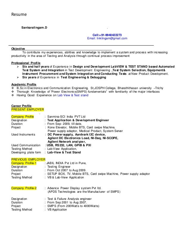 Mobile Device Test Engineer Sample Resume Simple Labview Test Stand Development Engineer Mobile Device Test Engineer Sample Resume Simple Labview Test Stand Development Engineer