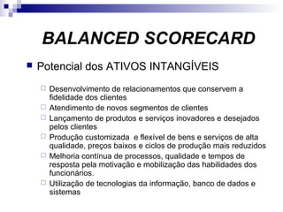  Potencial dos ATIVOS INTANGÍVEIS
 Desenvolvimento de relacionamentos que conservem a
fidelidade dos clientes
 Atendimento de novos segmentos de clientes
 Lançamento de produtos e serviços inovadores e desejados
pelos clientes
 Produção customizada e flexível de bens e serviços de alta
qualidade, preços baixos e ciclos de produção mais reduzidos
 Melhoria contínua de processos, qualidade e tempos de
resposta pela motivação e mobilização das habilidades dos
funcionários.
 Utilização de tecnologias da informação, banco de dados e
sistemas
BALANCED SCORECARD
 