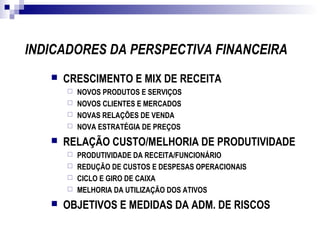 INDICADORES DA PERSPECTIVA FINANCEIRA
 CRESCIMENTO E MIX DE RECEITA
 NOVOS PRODUTOS E SERVIÇOS
 NOVOS CLIENTES E MERCADOS
 NOVAS RELAÇÕES DE VENDA
 NOVA ESTRATÉGIA DE PREÇOS
 RELAÇÃO CUSTO/MELHORIA DE PRODUTIVIDADE
 PRODUTIVIDADE DA RECEITA/FUNCIONÁRIO
 REDUÇÃO DE CUSTOS E DESPESAS OPERACIONAIS
 CICLO E GIRO DE CAIXA
 MELHORIA DA UTILIZAÇÃO DOS ATIVOS
 OBJETIVOS E MEDIDAS DA ADM. DE RISCOS
 