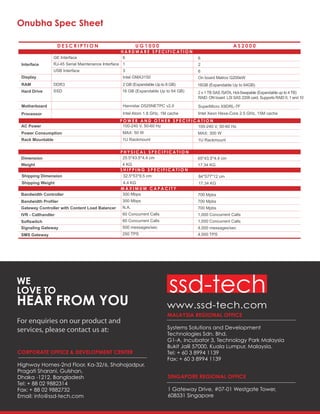 Onubha Spec Sheet
WE
LOVE TO
HEAR FROM YOU www.ssd-tech.com
For enquiries on our product and
services, please contact us at:
CORPORATE OFFICE & DEVELOPMENT CENTER
Highway Homes-2nd Floor, Ka-32/6, Shahajadpur,
Pragati Sharani, Gulshan,
Dhaka -1212, Bangladesh
Tel: + 88 02 9882314
Fax: + 88 02 9882732
Email: info@ssd-tech.com
MALAYSIA REGIONAL OFFICE
Systems Solutions and Development
Technologies Sdn. Bhd.
G1-A, Incubator 3, Technology Park Malaysia
Bukit Jalil 57000, Kuala Lumpur, Malaysia.
Tel: + 60 3 8994 1139
Fax: + 60 3 8994 1139
SINGAPORE REGIONAL OFFICE
1 Gateway Drive, #07-01 Westgate Tower,
608531 Singapore
H A R D W A R E S P E C I F I C A T I O N
U G 1 0 0 0 A S 2 0 0 0D E S C R I P T I O N
Interface
Display
RAM
Hard Drive
Motherboard
Processor
AC Power
Power Consumption
Rack Mountable
Dimension
Weight
P O W E R A N D O T H E R S P E C I F I C A T I O N
P H Y S I C A L S P E C I F I C A T I O N
Shipping Dimension
Shipping Weight
Bandwidth Controller
Bandwidth Profiler
Gateway Controller with Content Load Balancer
IVR - Callhandler
Softswitch
Signaling Gateway
S H I P P I N G S P E C I F I C A T I O N
M A X I M U M C A P A C I T Y
GE Interface
RJ-45 Serial Maintenance Interface
USB Interface
DDR3
SSD
6
1
3
Intel GMA3150 On board Matrox G200eW
2 GB (Expandable Up to 8 GB)
16 GB (Expandable Up to 64 GB)
16GB (Expandable Up to 64GB)
Hannstar D525NETPC v2.0 SuperMicro X9DRL-7F
100-240 V, 50-60 Hz 100-240 V, 50-60 Hz
MAX: 50 W MAX: 300 W
1U Rackmount 1U Rackmount
25.5*43.5*4.4 cm 65*43.5*4.4 cm
32.5*53*9.5 cm 84*577*12 cm
300 Mbps 700 Mpbs
300 Mbps 700 Mpbs
N.A. 700 Mpbs
60 Concurrent Calls 1,000 Concurrent Calls
60 Concurrent Calls 1,000 Concurrent Calls
500 messages/sec 4,000 messages/sec
SMS Gateway 250 TPS 4,000 TPS
4.4 KG 17.34 KG
4 KG 17.34 KG
Intel Atom 1.8 GHz, 1M cache Intel Xeon Hexa-Core 2.5 GHz, 15M cache
2 x 1 TB SAS /SATA, Hot-Swapable (Expandable up to 4 TB)
RAID: ON board LSI SAS 2208 card, Supports RAID 0, 1 and 10
6
2
6
 