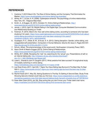 REFERENCES

1. Cardona, F. (2019 March 23). The Rise of Online Dating, and the Company That Dominates the
Market. https://www.visualcapitalist.com/online-dating-big-business/.

2. Whitty, M. T., & Carr, A. N. (2006). Cyberspace romance: The psychology of online relationships.
New York, NY, : Palgrave Macmillan.

3. Smith, A., & Duggan, M. (2013, October 21). Online Dating & Relationships, http://
www.pewinternet.org/2013/10/21/online-dating-relationships/.

4. James, J. (2015, April 10). Mobile Dating in the Digital Age: Computer-Mediated Communication
and Relationship Building on Tinder.

5. Ferdman, R. (2016, March 23). How well online dating works, according to someone who has been
studying it for years. https://www.washingtonpost.com/news/wonk/wp/2016/03/23/the-truth-about-
online-dating-according-to-someone-who-has-been-studying-it-for-years/?
noredirect=on&utm_term=.aefc5cebeb3d.

6. Guadagno, R. E., Okdie, B. M., & Kruse, S. A. (2012). Dating deception: Gender, online dating, and
exaggerated self-presentation. Computers in Human Behavior, Volume 28, Issue 2, Pages 642-647.
http://dx.doi.org/10.1016/j.chb.2011.11.010.

7. Schutz, Alfred. The phenomenology of the social world. Northwestern University Press (1967). 

8. Aaron Smith & Maeve Duggan (2013). Online Dating & Relationships 
https://www.pewinternet.org/2013/10/21/online-dating-relationships/

9. Whitty, M.T. (2008). Revealing the ‘real’ me, searching for the ‘actual’ you: Presentations of self on
an internet dating site. http://citeseerx.ist.psu.edu/viewdoc/download?
doi=10.1.1.862.3940&rep=rep1&type=pdf

10. Liesel L. Sharabi & John P. Caughlin (2017). What predicts ﬁrst date success? A longitudinal study
of modality switching in online dating 
https://onlinelibrary.wiley.com/doi/epdf/10.1111/pere.12188

11. Lea Rose Emery (2017, April 02). 7 Signs You Have Dating App Burnout & The Best Way To Deal
With it. https://www.bustle.com/p/7-signs-you-have-dating-app-burnout-the-best-way-to-deal-
with-it-47442 

12. Rachel Hosie (2017, May 20). Asking Questions Is The Key To Getting A Second Date, Study Finds
Showing Genuine interest could help you ﬁnd love. https://www.independent.co.uk/life-style/love-
sex/asking-questions-nosy-ﬁrst-date-second-dating-study-harvard-university-love-a7746106.html

13. Peter Allen Clark (2018, Jan 26). Stop acting like you don’t know your Tinder date’s last name. 
https://mashable.com/2018/01/26/online-dating-ﬁnd-someones-last-name/

 