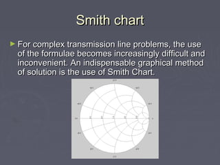Smith chart
Smith chart
► For complex transmission line problems, the use
For complex transmission line problems, the use
of the formulae becomes increasingly difficult and
of the formulae becomes increasingly difficult and
inconvenient. An indispensable graphical method
inconvenient. An indispensable graphical method
of solution is the use of Smith Chart.
of solution is the use of Smith Chart.
 