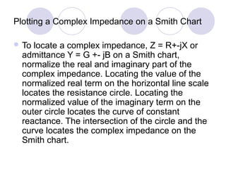 Plotting a Complex Impedance on a Smith Chart
 To locate a complex impedance, Z = R+-jX or
admittance Y = G +- jB on a Smith chart,
normalize the real and imaginary part of the
complex impedance. Locating the value of the
normalized real term on the horizontal line scale
locates the resistance circle. Locating the
normalized value of the imaginary term on the
outer circle locates the curve of constant
reactance. The intersection of the circle and the
curve locates the complex impedance on the
Smith chart.
 