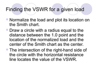 Finding the VSWR for a given load
Normalize the load and plot its location on
the Smith chart.
Draw a circle with a radius equal to the
distance between the 1.0 point and the
location of the normalized load and the
center of the Smith chart as the center.
The intersection of the right-hand side of
the circle with the horizontal resistance
line locates the value of the VSWR.
 