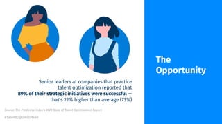 The
Opportunity
Senior leaders at companies that practice
talent optimization reported that
89% of their strategic initiatives were successful —
that’s 22% higher than average (73%)
#TalentOptimization
Source: The Predictive Index’s 2020 State of Talent Optimization Report
 