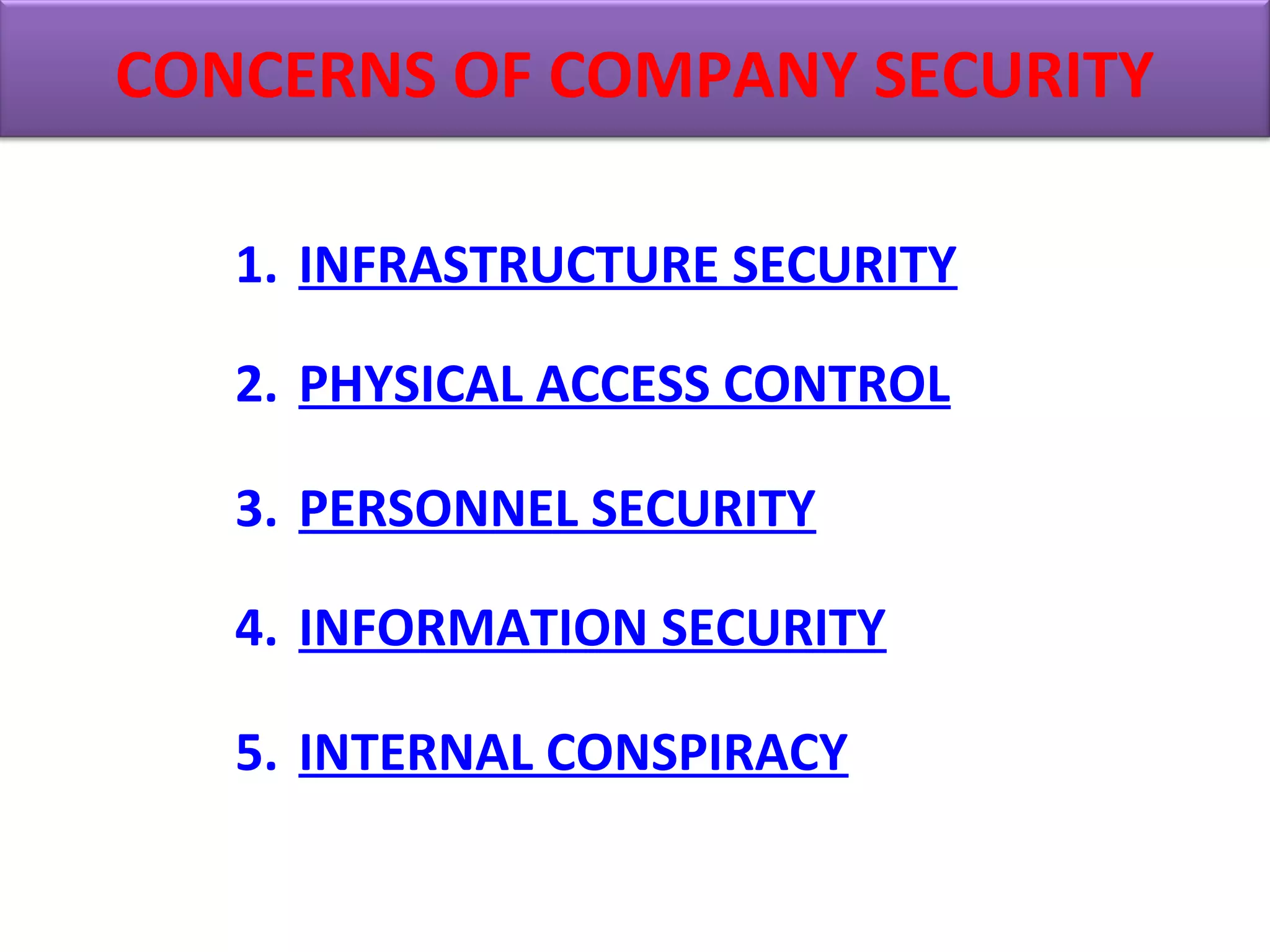 1. INFRASTRUCTURE SECURITY
2. PHYSICAL ACCESS CONTROL
3. PERSONNEL SECURITY
4. INFORMATION SECURITY
5. INTERNAL CONSPIRACY
CONCERNS OF COMPANY SECURITY
 