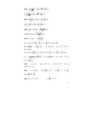 5
1000. а) ∫ ++=⎟
⎟
⎠
⎞
⎜
⎜
⎝
⎛
+ C
3
x
xdxx
x2
1 3
2
.
б) ∫ ++=⎟
⎟
⎠
⎞
⎜
⎜
⎝
⎛
+ C
2
x
xdxx
x2
1 2
.
1001. а) ∫ ++−=⎟
⎠
⎞
⎜
⎝
⎛
+ C
4
x
x
1
dxx
x
1 4
3
2
.
б) ∫ ++=⎟
⎠
⎞
⎜
⎝
⎛
+− C
6
x
x
1
dxx
x
1 6
5
2
.
1002. а) ( ) ( )
∫ +
−
−=− C
63
x92
dxx92
7
6
.
б) ( ) ( )
∫ +
+
=+ C
70
x57
dxx57
14
13
1003. а)
1
y sin x, M ; ;
3 4
π⎛ ⎞
= ⎜ ⎟
⎝ ⎠
CxcosY +−= ; C
2
1
4
1
+−= ;
4
3
C = ; Y = –cosx +
3
4
.
б) 2
1
y , M ; 1 ;
4сos x
π⎛ ⎞
= −⎜ ⎟
⎝ ⎠
CtgxY += ; C11 +=− ; 2C −= ;
Y = –tgx –2.
в) y cos x, M ;1 ;
6
π⎛ ⎞
= ⎜ ⎟
⎝ ⎠
CxsinY += ; С
2
1
1 += ;
2
1
С = ; Y =
1
sin x.
2
+
г) 2
1 3
y , M ;0 ;
4sin (x /3)
π⎛ ⎞
= ⎜ ⎟
⎝ ⎠
C
3
x
ctg3Y +−= ; C30 +−= ; 3C = ;
x
Y 3ctg 3.
3
= − +
1004. t21+=υ ; Ctt)t(s 2
++= ; C425 ++= ; 1C −= ;
1tt)t(s 2
−+= .
1005. t3sin4−=υ ; Ctcos
3
4
)t(s += ; C
3
4
2 += ;
3
2
C = ;
3
2
tcos
3
4
)t(s += .
1006. а) 24
x3x'y −= ; Cx
5
x
y 3
5
+−= .
 