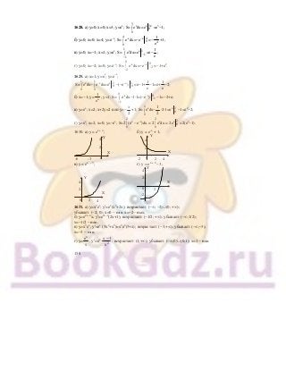 158
1628. а) у=0; х=0; х=3; у=ех
; S=
3
0
∫ ex
dx=ex 3e
0 =e3
−1;
б) у=0; х=0; х=4; у=е−х
; S=
4
0
∫ e−x
dx=−e−x
0
4
=− 4
1
e
+1;
в) у=0; х=−1; х=1; у=ех
; S=
1
1−
∫ ex
dx=ex
−1
1
=е−
1
e
;
г) у=0; х=−2; х=0; у=е−х
; S=
0
2−
∫ e−x
dx=−e−x
−2
0
=−1+е2
.
1629. а) х=1; у=ех
; у=е−х
;
S=
1
0
∫ ех
dx−
1
0
∫ е−х
dx=ех
0
1
−(−е−х
) 0
1
=е−1+
1
e
−1=е+
1
e
−2;
б) х=−1; у= x
1
e
; у=1; S=
0
1−
∫ е−х
dx−1⋅1=(−е−х
) −1
0
−1=−2+е;
в) у=ех
; х=2; х+2у=2 или у=−
x
2
+1; S=
2
0
∫ех
dx−
1
2
⋅2⋅1=ех
0
2
−1=е2
−2;
г) у=ех
; х=2; х=0; у=−ех
; S=2
2
0
∫(ех
– e–x
)dx = 2
2
0
∫ ех
dx = 2ex
0
2
=2(е2
−1).
1630. а) y = ex + 4
; б) y = e-x
+ 1;
–
|
-3
4–
0
–
Y
2–
X
|||
-6
||
–
–
0
Y
2–
|
X
||
-2
|
2
| |
4
4–
в) y = ex – 3
; г) y = ex + 2
– 3;
–
–
0
Y
2–
|
X
| |
2
| |
4
4–
|
–
2–
–
-2–
0
Y
X
–
|
2
|
4–
|
–
1631. а) у=х2
ех
; у′=ех
(х2
+2х); возрастает: (−∞; −2)∪(0; +∞);
убывает: (−2; 0); х=0 − min; х=−2− max;
б) у=е2х−4
х; у′=е2х−4
(2х+1); возрастает: (−1/2; +∞); убывает: (–∞;1/2);
х=−1/2 − min;
в) у=х3
ех
; у′=ех
(3х2
+х3
)=х2
ех
(3+х); возрастает: (−3;+∞); убывает: (–∞;−3);
х=−3 − min;
г) у=
x
e
x
; у′=ех
2
x 1
x
−
; возрастает: (1;+∞); убывает: (–∞;0)∪(0;1); х=1 − min.
 