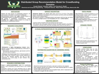 Distributed Group Recommendation Model for Crowdfunding
Domains
Vineeth Rakesh*, Niranjan Jadhav+ and Chandan K. Reddy+
* Electrical and Computer Engineering , + Computer Science, Wayne State University, Detroit, MI, USA.
.
•CrowdRec performs better than all other
base-lines and the state-of the art group
recommendation model.
•Performance over experienced backers is
better than occasional backers due to the
richness of prior information.
•Incorporating time-dependent prior
information such as increase in backer,
rewards and funds provides a significant boost
to the performance of the model.
1)Kickstarter: a highly heterogeneous domain: Users’
decision to back a project is determined by a diverse set of
features namely:
•Social group, personal preference, geo-location and the
real-time status of projects.
1)Influence from Social Group: Due to Pervasive growth of
social media, users’ decision to back a project depends not
only on their personal interests, but also on their
relationship to a social group of peer investors they
communicate with.
•Despite the huge success of crowdfunding platforms, not
every project is successful in reaching its funding goal.
•Recommendation systems that suggest suitable projects to
Crowdfunding investors can address this problem.
•We propose a probabilistic recommendation called
CrowdRec that suggests suitable projects to a Group (or
community) of crowdfunding investors.
•Propose a group-recommendation model for crowdfunding
domains, which incorporates the dynamic-status of the on-going
projects.
•Incorporate a diverse set of prior information such as: topical
preference (2) geo-location preference (3) social-network links of
backers and (4) various temporal information about the projects.
•Topic Preference: conditional probability of a user
b to back a project in topic t, given t is present in
the backing history of this user.
•Creator Preference: Preference of user towards a
creator of project (mutual trust).
•Geo-Location Preference: probability of a user b
to back a project v, given b and v are from the
same geo-location.
Dynamic priors include (1) the popularity of the
project, and (2) the availability of popular
rewards at specific time .
•Kickstarter Dataset: Our dataset spans from 12/15/13 to 12/15/14. The project
dataset was obtained from Kickspy.com and the backers and their profile was obtained
using our web-scraping program.
•We removed canceled or suspended projects and projects with less than one backer
and $100 as a pledged amount. 70,143 projects with over 1 million backers.
•A group consists of backers who have backed the same project.
•We calculate the inner group similarity between the group members using Pearson
correlation co-efficient (PCC) and filter out groups which have PCC less than 0.2.
A VISUAL REPRESENTATION OF THE GENERATIVE PROCESS
DISTRIBUTED ALGORITHM OF CROWDREC MODEL
•Divide the training corpus into P parts, each part is saved on one computer.
•Each computer executes one iteration of the Gibbs sampling algorithm to update
its local model using its local data.
•P local models are summed up to form the global model, which is replicated to the
P computers to support the next iteration.
MOTIVATION
RESEARCH CHALLENGES
RESEARCH CONTRIBUTIONS
DATASET DESCRIPTION
CREATING GROUPS
STATIC PRIORS
DYNAMIC PRIORS
CONCLUSION
Contact & Reference
V. Rakesh, J. Choo, and C. K. Reddy. Project
recommendation using heterogeneous traits in
crowdfunding. ICWSM, 2015.
Email: vineethrakesh@wayne.edu,
niranjan.jadhav@wayne.edu
We thank Dr. Harpreet Singh for his valuable
guidance in this poster presentation.
10 days to go
Day 1
Availability of Rewards
Personal Preference
10
22
31
40
61
66
70
%Funds
40
48
68
73
73
73
81
93
96
102
82
85
99
Day 5 Day 10 Day 15 Day 20 Day 30
Film TheaterArts
Geo-LocationTopical Preference
Should
I Back
EndofProject
Group
 