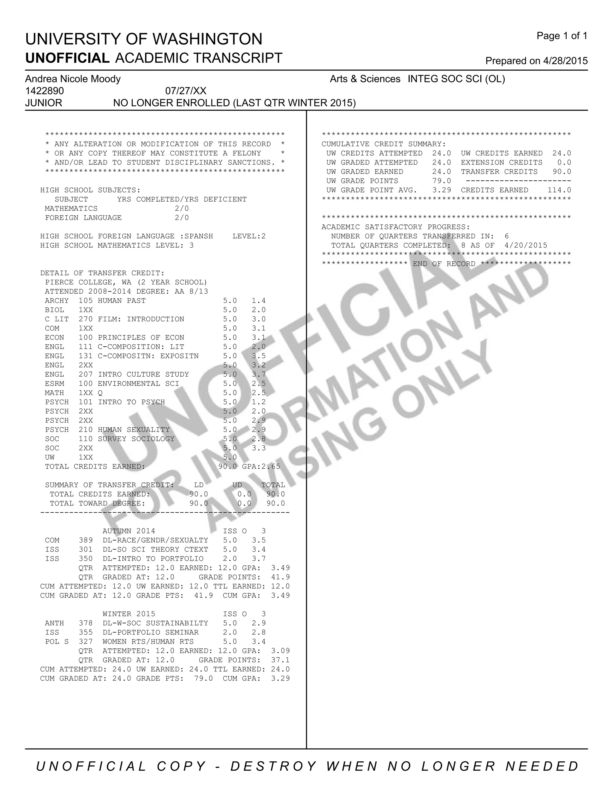 UNIVERSITY OF WASHINGTON
UNOFFICIAL ACADEMIC TRANSCRIPT Prepared on 4/28/2015
Andrea Nicole Moody Arts & Sciences INTEG SOC SCI (OL)
1422890 07/27/XX
JUNIOR NO LONGER ENROLLED (LAST QTR WINTER 2015)
U N O F F I C I A L C O P Y - D E S T R O Y W H E N N O L O N G E R N E E D E D
Page 1 of 1
**************************************************
* ANY ALTERATION OR MODIFICATION OF THIS RECORD *
* OR ANY COPY THEREOF MAY CONSTITUTE A FELONY *
* AND/OR LEAD TO STUDENT DISCIPLINARY SANCTIONS. *
**************************************************
HIGH SCHOOL SUBJECTS:
SUBJECT YRS COMPLETED/YRS DEFICIENT
MATHEMATICS 2/0
FOREIGN LANGUAGE 2/0
HIGH SCHOOL FOREIGN LANGUAGE :SPANSH LEVEL:2
HIGH SCHOOL MATHEMATICS LEVEL: 3
DETAIL OF TRANSFER CREDIT:
PIERCE COLLEGE, WA (2 YEAR SCHOOL)
ATTENDED 2008-2014 DEGREE: AA 8/13
ARCHY 105 HUMAN PAST 5.0 1.4
BIOL 1XX 5.0 2.0
C LIT 270 FILM: INTRODUCTION 5.0 3.0
COM 1XX 5.0 3.1
ECON 100 PRINCIPLES OF ECON 5.0 3.1
ENGL 111 C-COMPOSITION: LIT 5.0 2.0
ENGL 131 C-COMPOSITN: EXPOSITN 5.0 3.5
ENGL 2XX 5.0 3.2
ENGL 207 INTRO CULTURE STUDY 5.0 3.7
ESRM 100 ENVIRONMENTAL SCI 5.0 2.5
MATH 1XX Q 5.0 2.5
PSYCH 101 INTRO TO PSYCH 5.0 1.2
PSYCH 2XX 5.0 2.0
PSYCH 2XX 5.0 2.9
PSYCH 210 HUMAN SEXUALITY 5.0 2.9
SOC 110 SURVEY SOCIOLOGY 5.0 2.8
SOC 2XX 5.0 3.3
UW 1XX 5.0
TOTAL CREDITS EARNED: 90.0 GPA:2.65
SUMMARY OF TRANSFER CREDIT: LD UD TOTAL
TOTAL CREDITS EARNED: 90.0 0.0 90.0
TOTAL TOWARD DEGREE: 90.0 0.0 90.0
----------------------------------------------------
AUTUMN 2014 ISS O 3
COM 389 DL-RACE/GENDR/SEXUALTY 5.0 3.5
ISS 301 DL-SO SCI THEORY CTEXT 5.0 3.4
ISS 350 DL-INTRO TO PORTFOLIO 2.0 3.7
QTR ATTEMPTED: 12.0 EARNED: 12.0 GPA: 3.49
QTR GRADED AT: 12.0 GRADE POINTS: 41.9
CUM ATTEMPTED: 12.0 UW EARNED: 12.0 TTL EARNED: 12.0
CUM GRADED AT: 12.0 GRADE PTS: 41.9 CUM GPA: 3.49
WINTER 2015 ISS O 3
ANTH 378 DL-W-SOC SUSTAINABILTY 5.0 2.9
ISS 355 DL-PORTFOLIO SEMINAR 2.0 2.8
POL S 327 WOMEN RTS/HUMAN RTS 5.0 3.4
QTR ATTEMPTED: 12.0 EARNED: 12.0 GPA: 3.09
QTR GRADED AT: 12.0 GRADE POINTS: 37.1
CUM ATTEMPTED: 24.0 UW EARNED: 24.0 TTL EARNED: 24.0
CUM GRADED AT: 24.0 GRADE PTS: 79.0 CUM GPA: 3.29
****************************************************
CUMULATIVE CREDIT SUMMARY:
UW CREDITS ATTEMPTED 24.0 UW CREDITS EARNED 24.0
UW GRADED ATTEMPTED 24.0 EXTENSION CREDITS 0.0
UW GRADED EARNED 24.0 TRANSFER CREDITS 90.0
UW GRADE POINTS 79.0 ----------------------
UW GRADE POINT AVG. 3.29 CREDITS EARNED 114.0
****************************************************
****************************************************
ACADEMIC SATISFACTORY PROGRESS:
NUMBER OF QUARTERS TRANSFERRED IN: 6
TOTAL QUARTERS COMPLETED: 8 AS OF 4/20/2015
****************************************************
****************** END OF RECORD *******************
 
