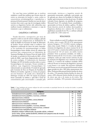 Epidemiologia do Câncer de Ovário em Jundiaí


    Foi com base nessa realidade que se resolveu                 entrevistada, iniciou-se o inquérito através de
estabelecer o perfil das mulheres que tiveram câncer de          questionário estruturado, codificado e pré-testado, que
ovário no município de Jundiaí e, assim, avaliar as              foi aplicado por alunos da Faculdade de Medicina de
características sociodemográficas e reprodutivas; a              Jundiaí, após treinamento na fase de pré-teste. Os dados
presença de história pessoal e familiar nos casos de câncer      coletados foram digitados em planilha do programa
ovariano; bem como a que tipo de investigação médica             Microsoft Excel. Os resultados foram consolidados e
anterior ao diagnóstico haviam sido submetidas essas             apresentados em forma de tabelas e gráficos. Os dados
mulheres (exames subsidiários e sintomas); e o tipo de           foram descritos através de médias, desvio-padrão e
tratamento a que se submeteram.                                  frequências absolutas (n) e relativas (%). O nível de
                                                                 significância assumido foi de 5% e o software utilizado
              CASUÍSTICA E MÉTODO                                para análise foi o SAS versão 8.2.

    Estudo descritivo, retrospectivo, por meio de                                      RESULTADOS
inquérito a todos os casos de tumores malignos, aplicado
às pacientes que compareceram ao Ambulatório de                      Foram avaliadas no total 455 mulheres com tumores
Saúde da Mulher da Secretaria de Saúde do Município              de ovário, entre as quais 398 (87,47%) apresentaram
de Jundiaí. Foram incluídas todas as mulheres com                tumores benignos e 57 (12,53%) tumores malignos,
diagnóstico confirmado de câncer de ovário, baseando-            objeto deste estudo (Tabela 1). A média de idade no
se em resultados de anatomopatologia; os dados                   momento do diagnóstico do câncer ovariano foi de 55
histopatológicos foram obtidos através do cadastro das           anos (±13,5 anos) e a maioria das mulheres possuía nível
pacientes que compareceram ao Laboratório de                     educacional de 5,8 (±3 anos), em média (ensino
Anatomia Patológica do Sistema Único de Saúde (SUS)              primário). Entre as pacientes estudadas, em média, a
de Jundiaí, no período de 30 de junho de 2001 a 30 de            idade da menarca foi de 13 (±1,6 ano), e eram mulheres
junho de 2006, e que foram diagnosticadas com tumor              multíparas, sendo que todas tiveram aumento de peso
de ovário maligno. O Laboratório de Anatomia                     do momento do diagnóstico até o momento do estudo
Patológica do SUS de Jundiaí centraliza todos os exames          (Tabela 2). A maioria das mulheres estudadas (40%)
histopatológicos do município. Foram excluídas as                tinha até 50 anos no momento do diagnóstico, pertencia
mulheres cujo diagnóstico histopatológico foi                    à raça branca e era casada. Das pacientes analisadas,
indeterminado ou trazia dúvida. O estudo foi aprovado            65% fizeram uso de anticoncepcional hormonal oral por
pela Comissão de Ética em Pesquisa da Faculdade de               algum período da vida e 90% delas amamentaram seus
Medicina de Jundiaí, seguindo as normas de pesquisa              filhos. Nenhuma delas possuía história familiar de câncer
em seres humanos e de acordo com a declaração de                 de ovário, 15% possuíam história familiar de câncer de
Helsinque revisada em 1983. Os sujeitos da pesquisa              mama e 40% relatavam história familiar de outros tipos
foram contatados via telefone e, após lido o termo de            de câncer que não o de mama ou de ovário. Das
consentimento pelo entrevistador e assinado pela                 pacientes estudadas, 35% possuíam ultrassonografia




Tabela 1. Tipos histológicos de tumores malignos de ovário encontrados na população feminina do município de Jundiaí, no período
de junho de 2001 a junho de 2006




                                                                                         Revista Brasileira de Cancerologia 2009; 55(3): 247-253   249
 