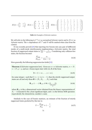 H(2) =
1 1
1 −1
H(4) =





1 1 1 1
1 −1 1 −1
1 1 −1 −1
1 −1 −1 1





H(8) =








1 1 1 1 1 1 1 1
1 −1 1 −1 1 −1 1 −1
1 1 −1 −1 1 1 −1 −1
1 −1 −1 1 1 −1 −1 1
1 1 1 1 −1 −1 −1 −1
1 −1 1 −1 −1 1 −1 1
1 1 −1 −1 −1 −1 1 1
1 −1 −1 1 −1 1 1 −1








Table 4.2: Examples of Sylvester matrices
We will refer in the following to US
(m) as normalized Sylvester matrix and to H(m) as
Sylvester matrix. The m dependence of US
and H will be omitted when clear from the
context.
It was recently proved [23] that injecting two bosons into any pair of (different)
modes of a multi-mode interferometer implementing a Sylvester matrix, the total
fraction of suppressed output states is
Nsupp
Ntot
= m
2(m+1)
. Considering only collision-free
states, the fraction becomes
Nsupp
Ntot,CF
=
m
2(m − 1)
. (4.24)
More generally, the following suppression law holds [23]:
Theorem 2 (Sylvester suppression law). Given an m×m Sylvester matrix, m = 2p
,
n = 2q
, q < p, and an n-boson input state with MAL S of the form
S = (1 + nc, . . . , n + nc), (4.25)
for some integer c such that 0 ≤ c ≤ (m/n − 1), then the strictly suppressed output
states are all and only those R ≡ (R1, R2, . . . , Rn) such that
R1,B ⊕ · · · ⊕ Rn,B = 0 ≡ (0, . . . , 0
q
), (4.26)
where Ri,B is the q-dimensional vector obtained from the binary representation of
Ri − 1 truncated to the q least significant digits, and ⊕ is the bitwise XOR operation
(equivalently the elementwise, modulo 2, sum).
Similarly to the case of Fourier matrices, an estimate of the fraction of strictly
suppressed states predicted by this law is:
V =
Nsupp
Ntot
≈ 1 −
1
n
. (4.27)
71
 