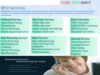 BPO Services
LUBIC offers customized business data processing services that match international standards in terms of precision and timely
execution. The organization has experience in processing large volumes of data required by major corporate and government
organizations.
Outbound Services
Appointment Setting
Telemarketing
Survey Processing
Market research and survey
Data Entry Services
Online data entry
Offline data entry
Image scanning and indexing
Insurance claim entry
Data Conversion
XML Conversion
SGML/HTML Conversion
PDF Conversion
Document Conversion
Data Processing Services
Forms Processing
Data Mining and
Cleansing
Survey Processing
Data Processing
Other Services
Sales order processing
Credit Card Charge-back
management
Document management system
Virtual Assistance
Inbound Services
Answering Service
Customer Service
Order Taking
Interactive Voice
Response
LUBIC TELE SERVE
 