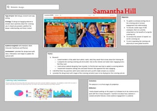 Q Website design
SamanthaHill
Objective:
 To update an already existing site on
the Listening Lab to increase
engagement and understanding
 To educate a wide range of GSK
employees (that are currently
unreached) on the benefits of using the
Listening Lab
 To increase the amount of reports run
via the Listening Lab
 To aid in expanding the Listening Lab
physically to more global locations
Tactics:
 Research
o I asked members of the wider team where I work, what they would like to know about the listening lab
o I compared the existing Listening Lab site to other sites on the intranet and noted more engaging tactics
that they used
o I read various website designing ‘how to guides’ to find the best way how to update an existing website
o I researched innovative looking sites and noted features that appeared the most engaging
 I identified three key questions which were asked and came up with simple answers as a solution
 I provided the design team with images of the Listening Lab which were to be displayed on the Listening Lab site
Evaluation:
This website is in its final stages of completion.
Reflection:
I really enjoyed working on this project as it allowed me to be creative and to
work with the in-house designers. I learned a lot about how a website is
created and what features create audience engagement in a website.
Type of work: Web design, research and copy
writing
Strategy: To design an engaging website to
answers basic questions about the Listening
Lab. It should also provide a platform for
deeper understanding and future contact
Audience targeted: GSK employees (both
Consumer Healthcare and Pharma)
Involvement: I provided the design team with
ideas, information and images to update the
website with
 