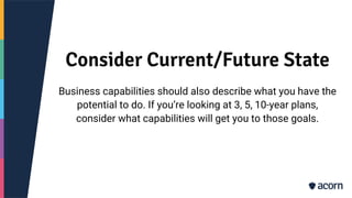 Consider Current/Future State
Business capabilities should also describe what you have the
potential to do. If you’re looking at 3, 5, 10-year plans,
consider what capabilities will get you to those goals.
 