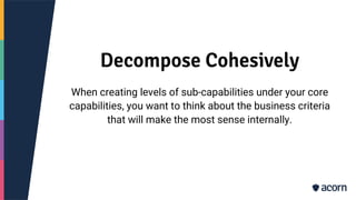 Decompose Cohesively
When creating levels of sub-capabilities under your core
capabilities, you want to think about the business criteria
that will make the most sense internally.
 