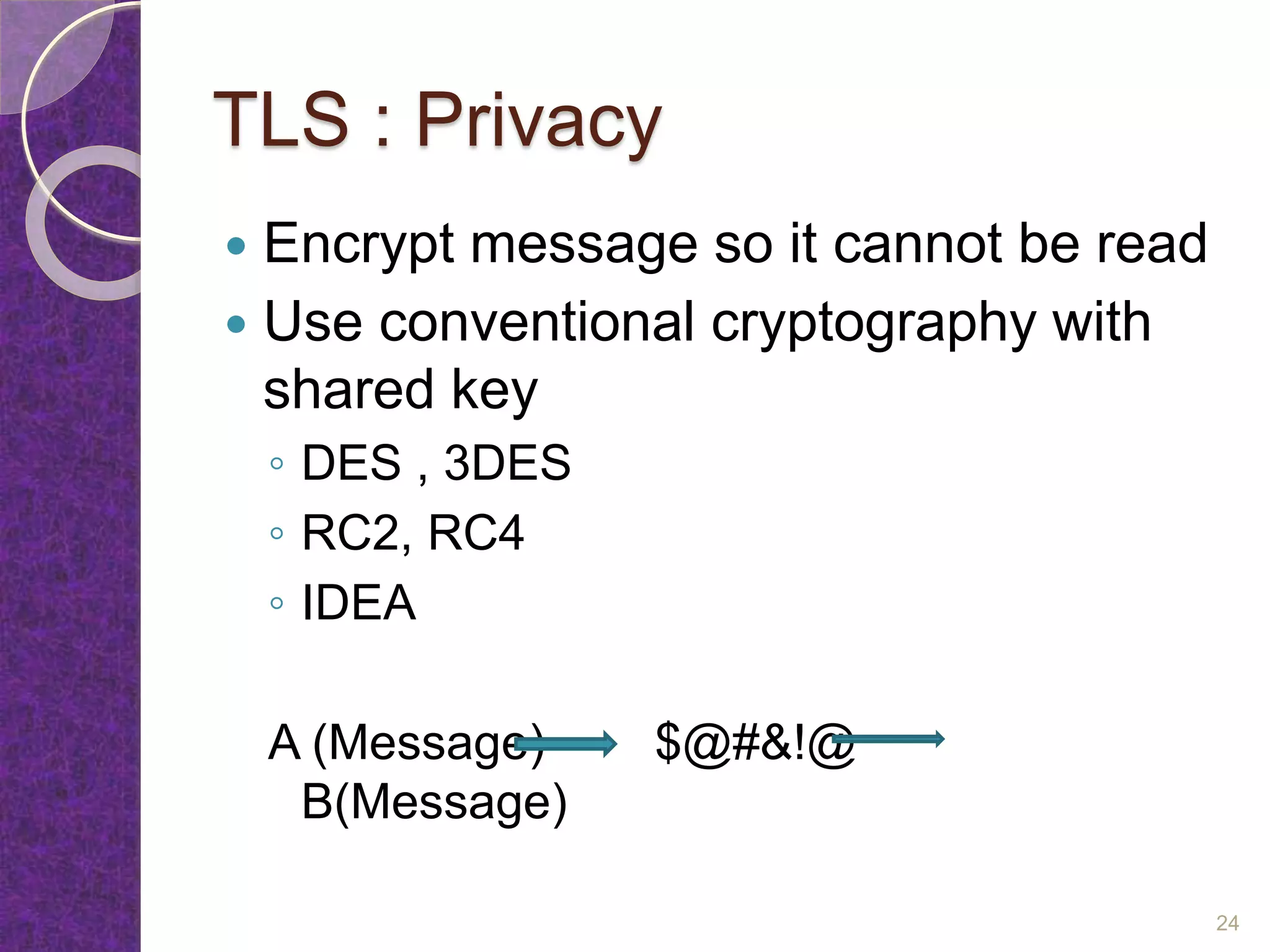 TLS : Privacy
 Encrypt message so it cannot be read
 Use conventional cryptography with
shared key
◦ DES , 3DES
◦ RC2, RC4
◦ IDEA
A (Message) $@#&!@
B(Message)
24
 