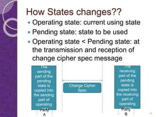 How States changes??
 Operating state: current using state
 Pending state: state to be used
 Operating state < Pending state: at
the transmission and reception of
change cipher spec message
The
sending
part of the
pending
state is
copied into
the sending
part of
operating
state
The
receiving
part of the
pending
state is
copied into
the receiving
part of
operating
stateParty
A
Party
B
Change Cipher
Spec
16
 