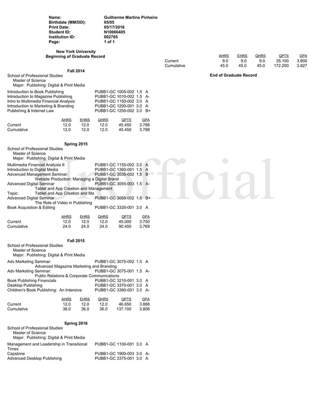 NYU Unofficial Transcript May 2016 | PDF