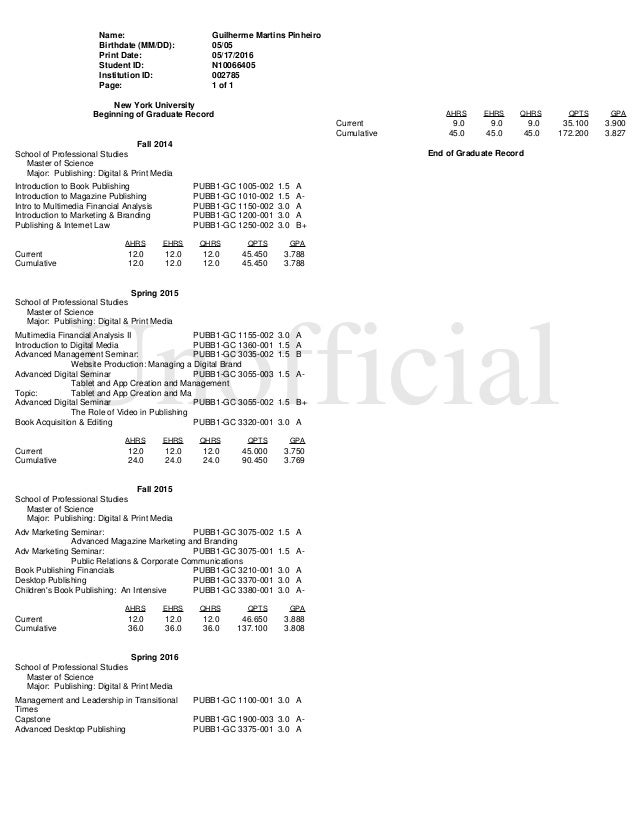 NYU Unofficial Transcript May 2016