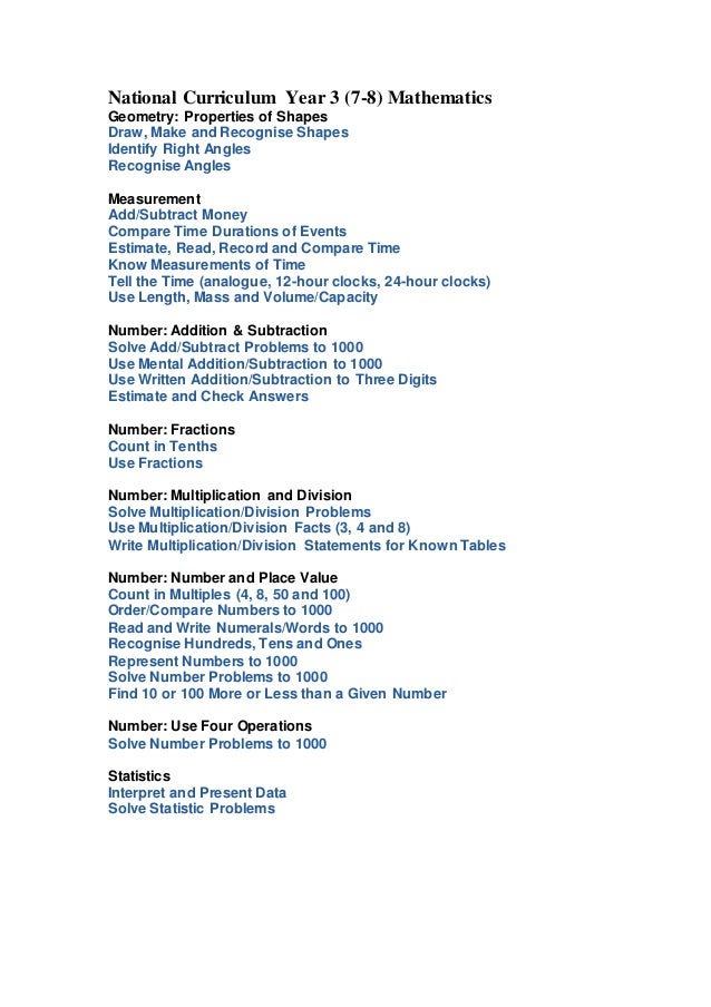 National Curriculum Mathematics Years 3, 4, 5 and 6
