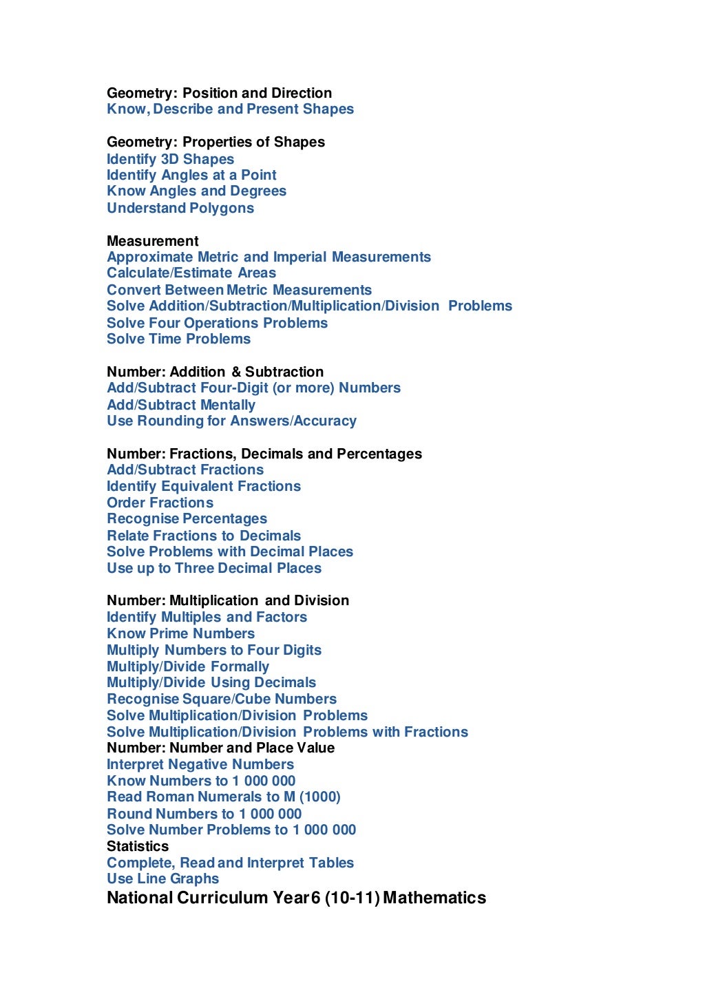 National Curriculum Mathematics Years 3, 4, 5 and 6