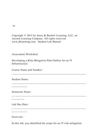 51
Copyright © 2015 by Jones & Bartlett Learning, LLC, an
Ascend Learning Company. All rights reserved.
www.jblearning.com Student Lab Manual
Assessment Worksheet
Developing a Risk-Mitigation Plan Outline for an IT
Infrastructure
Course Name and Number:
_____________________________________________________
Student Name:
_____________________________________________________
___________
Instructor Name:
_____________________________________________________
_________
Lab Due Date:
_____________________________________________________
___________
Overview
In this lab, you identified the scope for an IT risk-mitigation
 