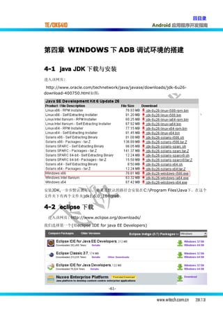 回目录
TE/OK6410                                         Android 应用程序开发指南




第四章 WINDOWS 下 ADB 调试环境的搭建

4-1 java JDK 下载与安装
进入该网页:

 http://www.oracle.com/technetwork/java/javase/downloads/jdk-6u26-
download-400750.html如图：




安装JDK,一步步默认就可以，如果是默认的路径会安装在 C:Program FilesJava下。在这个
文件夹下有两个文件夹jdk1.6.0_10和jre6。


4-2 eclipse 下载
 进入该网页: http://www.eclipse.org/downloads/
我们选择第一个(即eclipse IDE for java EE Developers)




                             -61-


                                                    www.witech.com.cn   2011.7.31
 