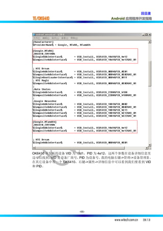 回目录
TE/OK6410                         Android 应用程序开发指南




OK6410 开发板的设备 VID 为 18d1，PID 为 4e12，这两个参数在设备详细信息里
边可以找到，   VID 是设备厂商号，  PID 为设备号。  我的电脑右键->管理->设备管理器 ，
在其它设备中有一个 OK6410，右键->属性->详细信息中可以看到我们要看到 VID
和 PID。




                    -66-


                                   www.witech.com.cn   2011.7.31
 
