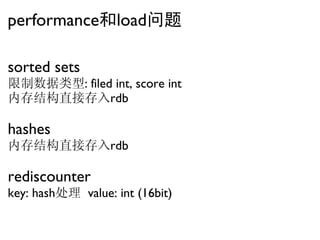 performance和load问题

sorted sets
限制数据类型: filed int, score int
内存结构直接存入rdb

hashes
内存结构直接存入rdb

rediscounter
key: hash处理 value: int (16bit)
 