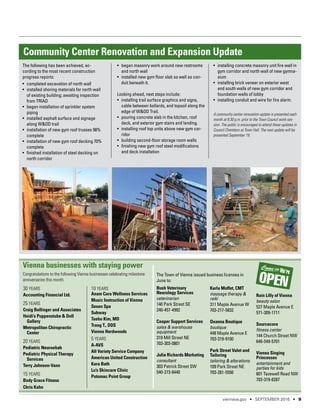Community Center Renovation and Expansion Update
The following has been achieved, ac-
cording to the most recent construction
progress reports:
•	 completed excavation of north wall
•	 installed shoring materials for north wall
of existing building; awaiting inspection
from TRIAD
•	 began installation of sprinkler system
piping
•	 installed asphalt surface and signage
along W&OD trail
•	 installation of new gym roof trusses 98%
complete
•	 installation of new gym roof decking 70%
complete
•	 finished installation of steel decking on
north corridor
•	 began masonry work around new restrooms
and north wall
•	 installed new gym floor slab as well as con-
duit beneath it.
Looking ahead, next steps include:
•	 installing trail surface graphics and signs,
cable between bollards, and topsoil along the
edge of W&OD Trail.
•	 pouring concrete slab in the kitchen, roof
deck, and exterior gym stairs and landing.
•	 installing roof top units above new gym cor-
ridor
•	 building second-floor storage room walls
•	 finishing new gym roof steel modifications
and deck installation
•	 installing concrete masonry unit fire wall in
gym corridor and north wall of new gymna-
sium
•	 installing brick veneer on exterior west
and south walls of new gym corridor and
foundation walls of lobby
•	 installing conduit and wire for fire alarm.
A community center renovation update is presented each
month at 6:30 p.m. prior to the Town Council work ses-
sion. The public is encouraged to attend these updates in
Council Chambers at Town Hall. The next update will be
presented September 19.
30 YEARS
Accounting Financial Ltd.
25 YEARS
Craig Bollinger and Associates
Heidi’s Puppenstube & Doll
Gallery
Metropolitan Chiropractic
Center
20 YEARS
Pediatric Neuroehab
Pediatric Physical Therapy
Services
Terry Johnson-Vann
15 YEARS
Body Grace Fitness
Chris Kahn
10 YEARS
Anam Cara Wellness Services
Music Instruction of Vienna
Sesen Spa
Subway
Taeho Kim, MD
Trang T., DDS
Vienna Hardwoods
5 YEARS
A-AVS
All Variety Service Company
American United Construction
Kara Bath
Lu’s Skincare Clinic
Potomac Point Group
Bush Veterinary
Neurology Services
veterinarian
140 Park Street SE
240-457-4992
Cooper Support Services
sales & warehouse
equipment
319 Mill Street NE
703-303-0801
Julie Richards Marketing
consultant
303 Patrick Street SW
540-273-8440
Vienna businesses with staying power
Congratulations to the following Vienna businesses celebrating milestone
anniversaries this month.
The Town of Vienna issued business licenses in
June to:
Karla Moffet, CMT
massage therapy &
reiki
311 Maple Avenue W
703-217-5832
Oxanna Boutique
boutique
448 Maple Avenue E
703-319-9100
Park Street Valet and
Tailoring
tailoring & alterations
109 Park Street NE
703-281-5556
Rain Lilly of Vienna
beauty salon
527 Maple Avenue E
571-309-1711
Sourcecore
fitness center
144 Church Street NW
646-549-5701
Vienna Singing
Princesses
entertainment and
parties for kids
601 Tazewell Road NW
703-319-8287
viennava.gov • SEPTEMBER 2016 • 9
 