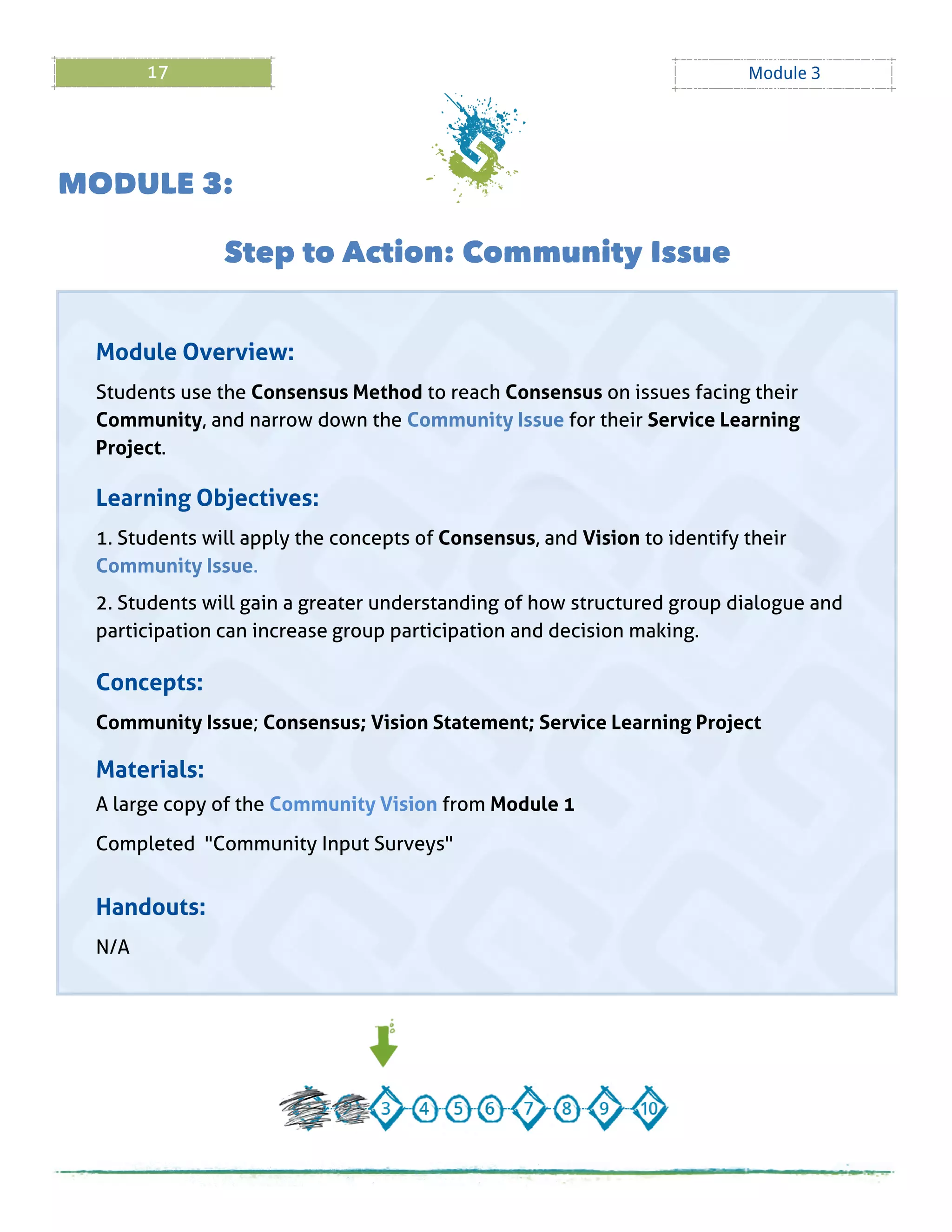 17 Module 3
M ODULE 3:
Step to Action: Community Issue
Module Overview:
Students use the Consensus Method to reach Consensus on issues facing their
Community, and narrow down the Community Issue for their Service Learning
Project.
Learning Objectives:
1. Students will apply the concepts of Consensus, and Vision to identify their
Community Issue.
2. Students will gain a greater understanding of how structured group dialogue and
participation can increase group participation and decision making.
Concepts:
Community Issue; Consensus; Vision Statement; Service Learning Project
Materials:
A large copy of the Community Vision from Module 1
Completed "Community Input Surveys"
Handouts:
N/A
 