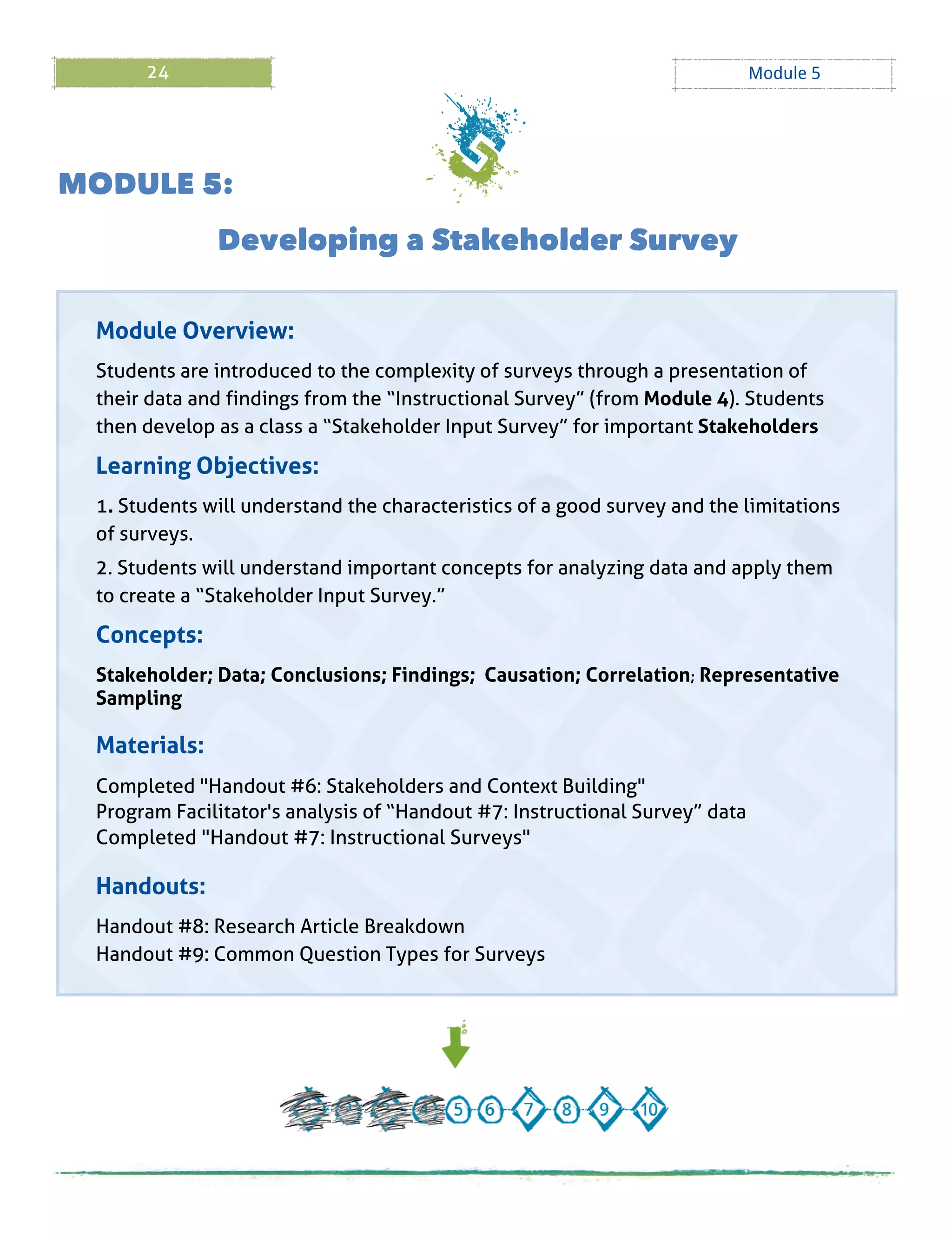 24 Module 5
M ODULE 5:
Developing a Stak eholder Survey
Module Overview:
Students are introduced to the complexity of surveys through a presentation of
their data and findings from the ?Instructional Survey?(from Module 4). Students
then develop as a class a ?Stakeholder Input Survey?for important Stakeholders
Learning Objectives:
1. Students will understand the characteristics of a good survey and the limitations
of surveys.
2. Students will understand important concepts for analyzing data and apply them
to create a ?Stakeholder Input Survey.?
Concepts:
Stakeholder; Data; Conclusions; Findings; Causation; Correlation; Representative
Sampling
Materials:
Completed "Handout # 6: Stakeholders and Context Building"
Program Facilitator's analysis of ?Handout # 7: Instructional Survey?data
Completed "Handout # 7: Instructional Surveys"
Handouts:
Handout # 8: Research Article Breakdown
Handout # 9: Common Question Types for Surveys
 