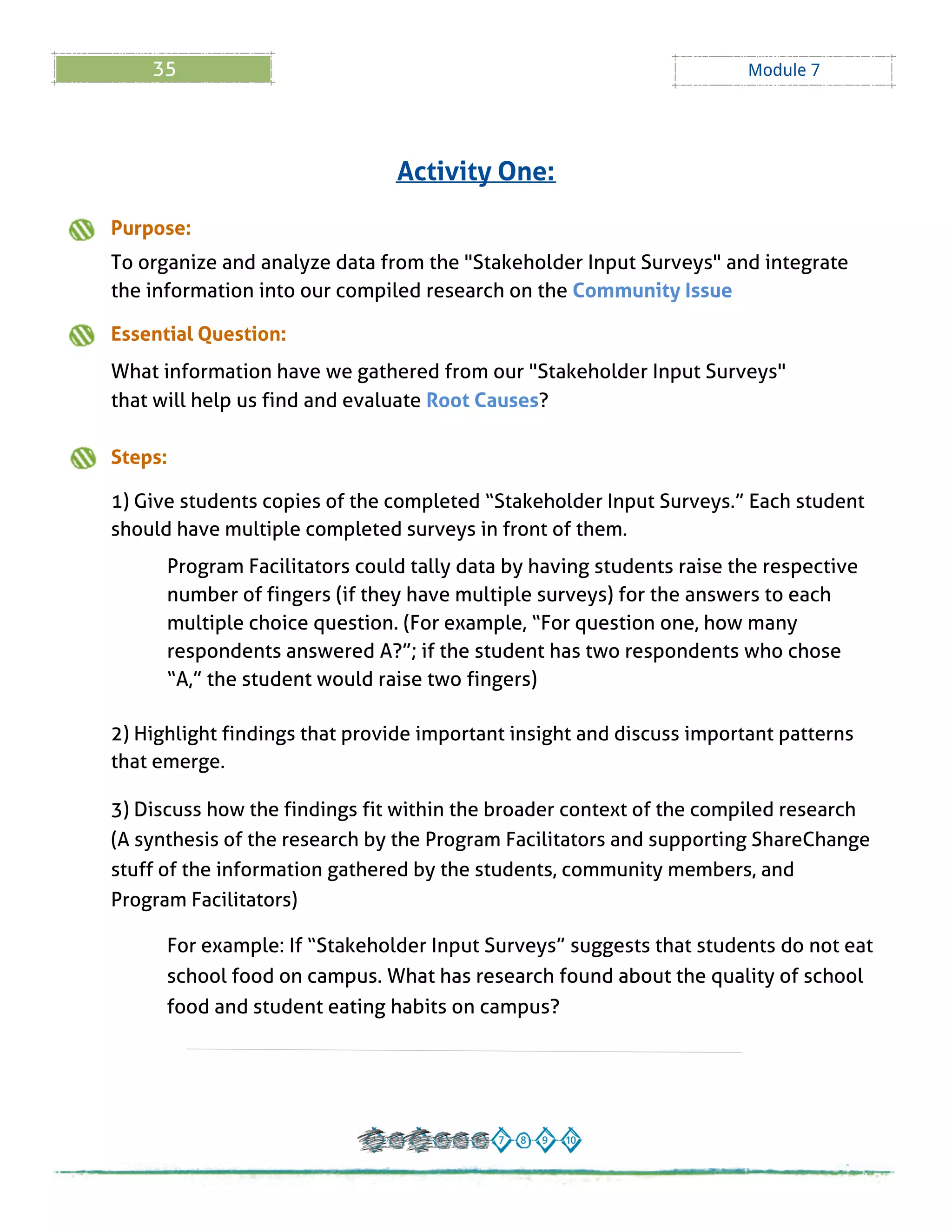 35 Module 7
Purpose:
To organize and analyze data from the "Stakeholder Input Surveys" and integrate
the information into our compiled research on the Community Issue
Essential Question:
What information have we gathered from our "Stakeholder Input Surveys"
that will help us find and evaluate Root Causes?
Steps:
1) Give students copies of the completed ?Stakeholder Input Surveys.?Each student
should have multiple completed surveys in front of them.
Program Facilitators could tally data by having students raise the respective
number of fingers (if they have multiple surveys) for the answers to each
multiple choice question. (For example, ?For question one, how many
respondents answered A??; if the student has two respondents who chose
?A,?the student would raise two fingers)
2) Highlight findings that provide important insight and discuss important patterns
that emerge.
3) Discuss how the findings fit within the broader context of the compiled research
(A synthesis of the research by the Program Facilitators and supporting ShareChange
stuff of the information gathered by the students, community members, and
Program Facilitators)
For example: If ?Stakeholder Input Surveys?suggests that students do not eat
school food on campus. What has research found about the quality of school
food and student eating habits on campus?
Activity One:
 