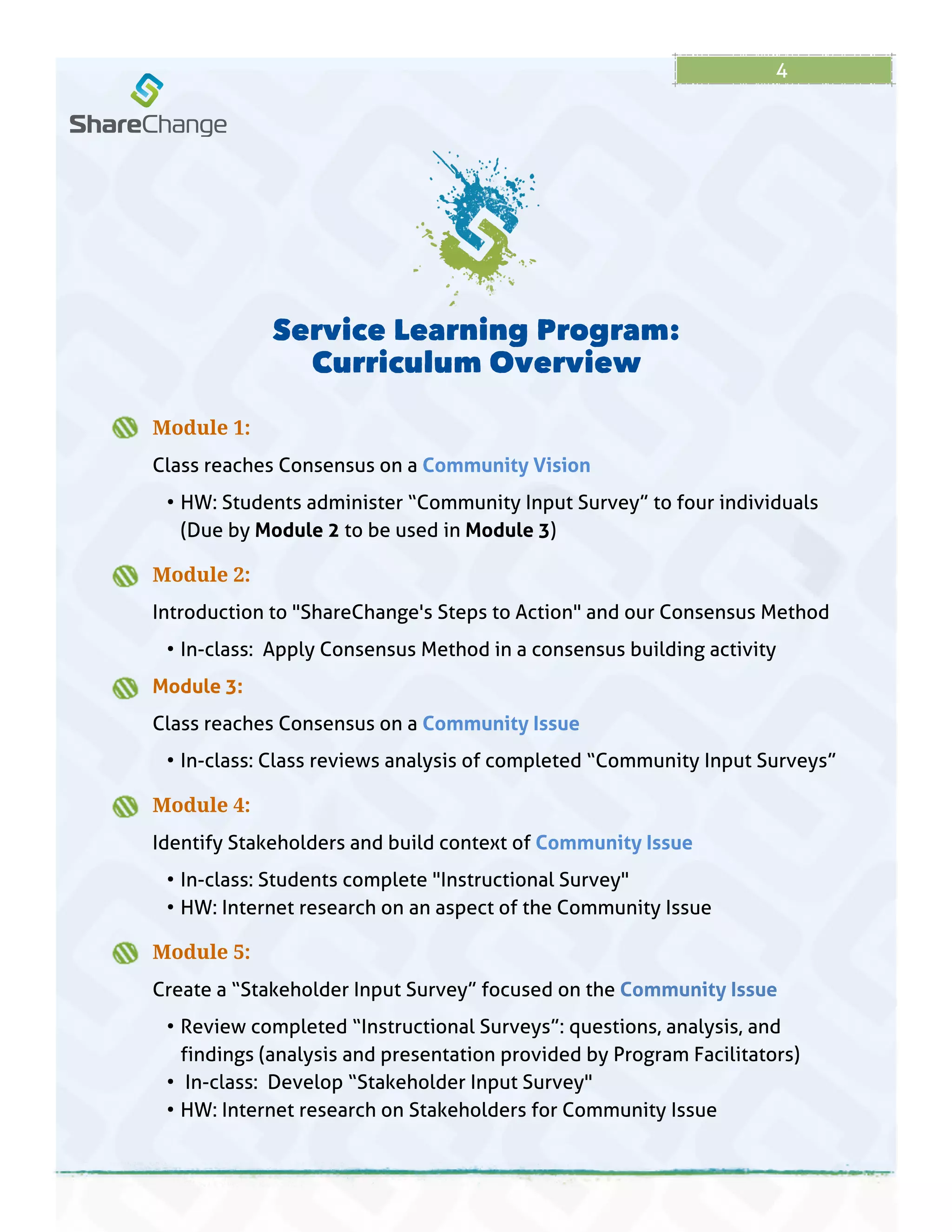4
Module 1:
Class reaches Consensus on a Community Vision
- HW: Students administer ?Community Input Survey?to four individuals
(Due by Module 2 to be used in Module 3)
Module 2:
Introduction to "ShareChange's Steps to Action" and our Consensus Method
- In-class: Apply Consensus Method in a consensus building activity
Module 3:
Class reaches Consensus on a Community Issue
- In-class: Class reviews analysis of completed ?Community Input Surveys?
Module 4:
Identify Stakeholders and build context of Community Issue
- In-class: Students complete "Instructional Survey"
- HW: Internet research on an aspect of the Community Issue
Module 5:
Create a ?Stakeholder Input Survey?focused on the Community Issue
- Review completed ?Instructional Surveys?: questions, analysis, and
findings (analysis and presentation provided by Program Facilitators)
- In-class: Develop ?Stakeholder Input Survey"
- HW: Internet research on Stakeholders for Community Issue
Service Learning Program:
Curriculum Overview
 