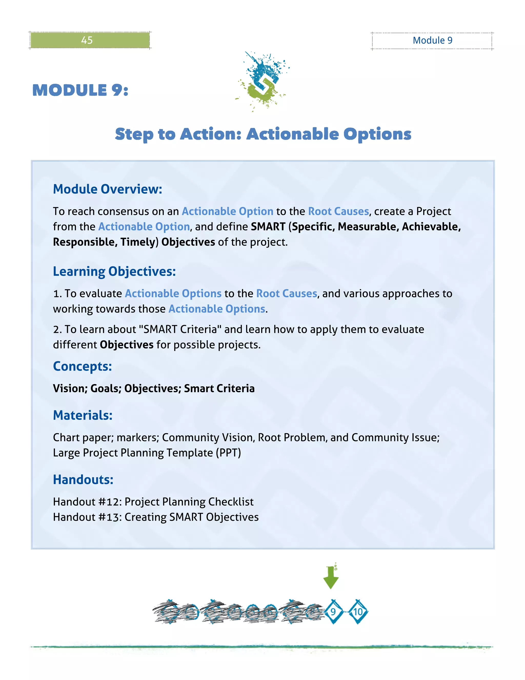 45 Module 9
M ODULE 9:
Step to Action: Actionable Options
Module Overview:
To reach consensus on an Actionable Option to the Root Causes, create a Project
from the Actionable Option, and define SMART (Specific, Measurable, Achievable,
Responsible, Timely) Objectives of the project.
Learning Objectives:
1. To evaluate Actionable Options to the Root Causes, and various approaches to
working towards those Actionable Options.
2. To learn about "SMART Criteria" and learn how to apply them to evaluate
different Objectives for possible projects.
Concepts:
Vision; Goals; Objectives; Smart Criteria
Materials:
Chart paper; markers; Community Vision, Root Problem, and Community Issue;
Large Project Planning Template (PPT)
Handouts:
Handout # 12: Project Planning Checklist
Handout # 13: Creating SMART Objectives
 
