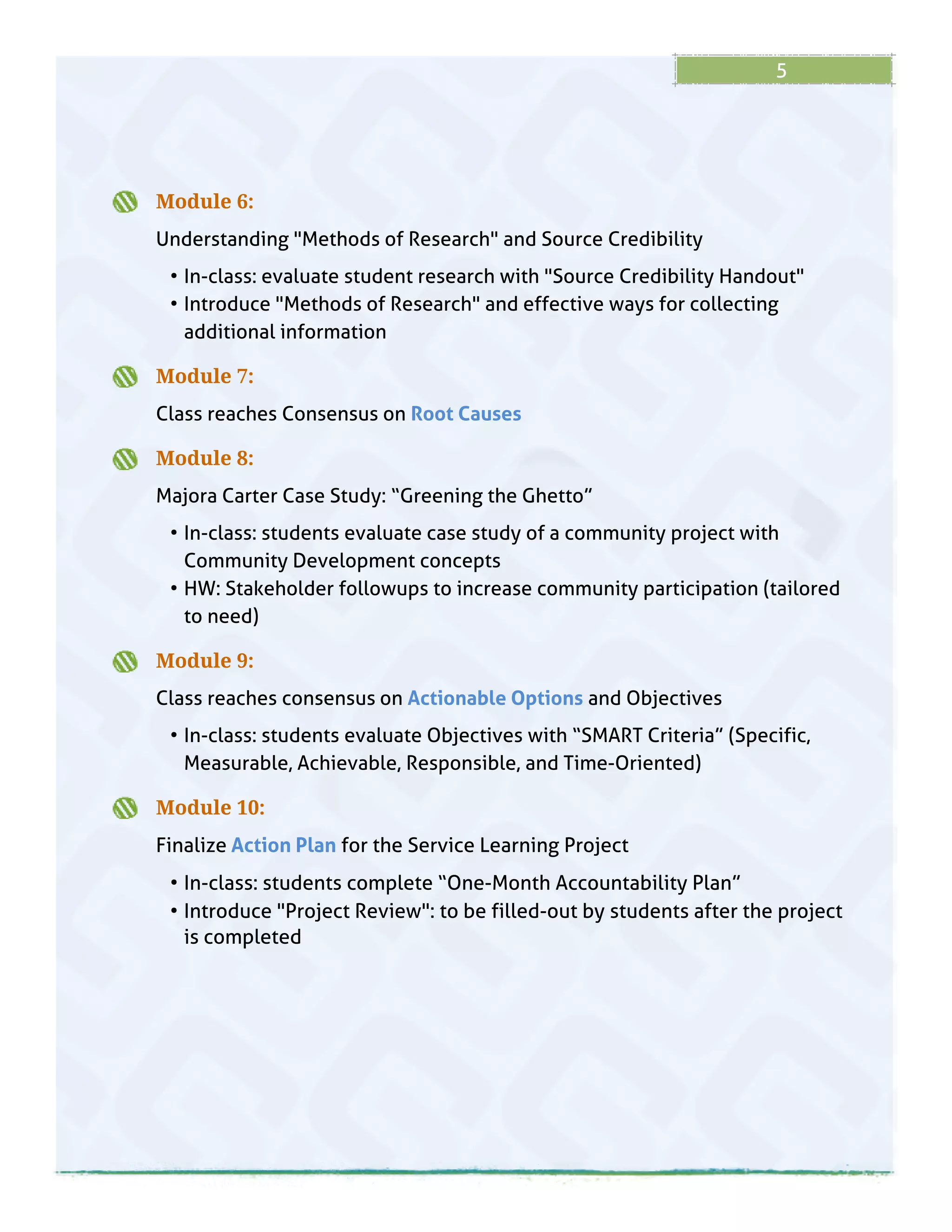 5
Module 6:
Understanding "Methods of Research" and Source Credibility
- In-class: evaluate student research with "Source Credibility Handout"
- Introduce "Methods of Research" and effective ways for collecting
additional information
Module 7:
Class reaches Consensus on Root Causes
Module 8:
Majora Carter Case Study: ?Greening the Ghetto?
- In-class: students evaluate case study of a community project with
Community Development concepts
- HW: Stakeholder followups to increase community participation (tailored
to need)
Module 9:
Class reaches consensus on Actionable Options and Objectives
- In-class: students evaluate Objectives with ?SMART Criteria?(Specific,
Measurable, Achievable, Responsible, and Time-Oriented)
Module 10:
Finalize Action Plan for the Service Learning Project
- In-class: students complete ?One-Month Accountability Plan?
- Introduce "Project Review": to be filled-out by students after the project
is completed
 
